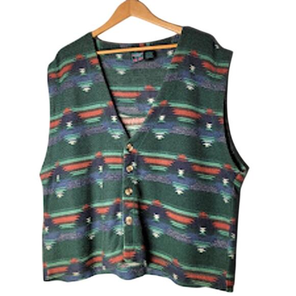 VTG Santana Vest Size Large Green Aztec Print Button Front Western Boho - Picture 1 of 9